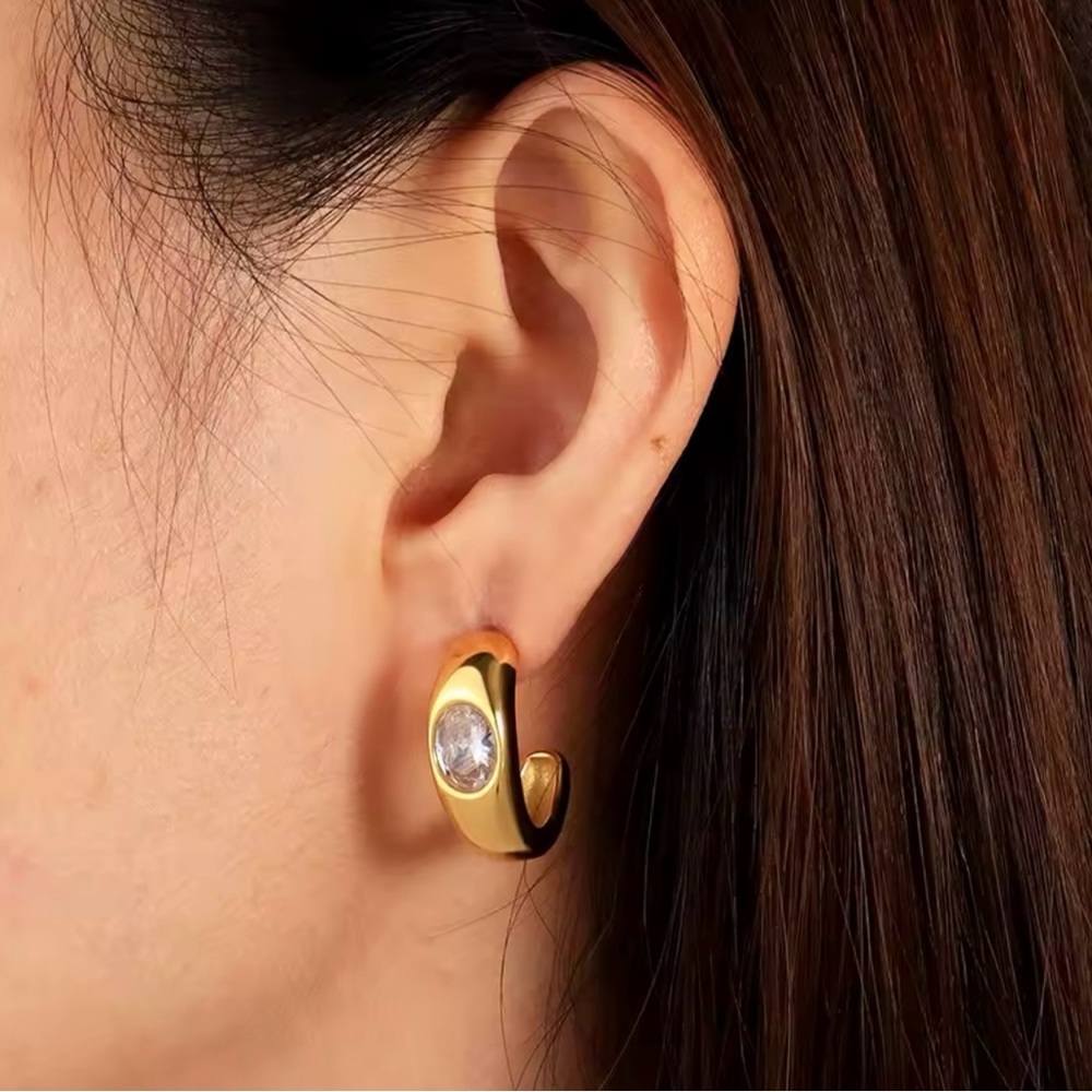 18K Gold Plated C Shaped Zirconia Earrings